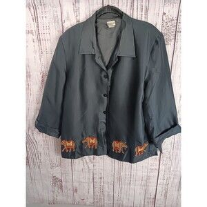 Vintage Courtwell Blazer Women’s XL 100% Silk Black Padded Shoulders USA Made